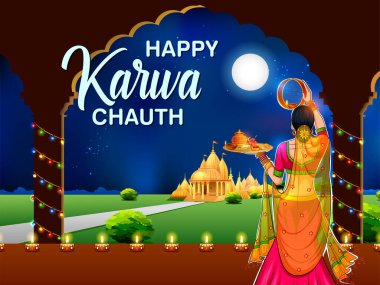 Hintli bir kadının, Karwa Cahuth 'un elek yoluyla aya baktığı festival ritüelini gerçekleştirişinin resmi.