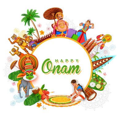 Kral Mahabali 'nin resmi, Onam geleneksel festivalinde Kathakali dansçısı Kerala, Güney Hindistan kültürünü gösteriyor.