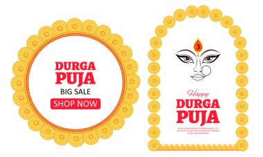Mutlu Durga Puja Subh Navratri 'deki Tanrıça Durga' nın tasviri Promosyon Satış Bayrağı için Hindistan dini arka plan tasarımı