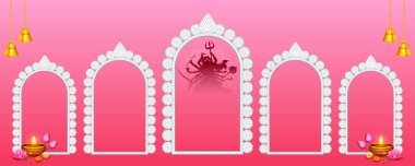 Mutlu Durga Puja Subh Navratri 'deki Tanrıça Durga' nın tasviri Promosyon Satış Bayrağı için Hindistan dini arka plan tasarımı