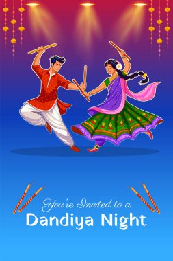 Hindistan Navratri Dussehra festivali için disko Garba Gece afiş Dandiya oynayan çift illüstrasyon