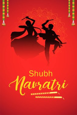 Hindistan Navratri Dussehra festivali için disko Garba Gece afiş Dandiya oynayan çift illüstrasyon