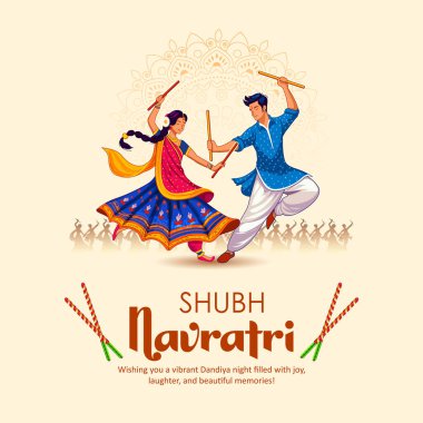 Hindistan Navratri Dussehra festivali için disko Garba Gece afiş Dandiya oynayan çift illüstrasyon