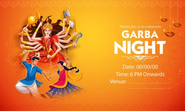 Hindistan Navratri Dussehra festivali için disko Garba Gece afiş Dandiya oynayan çift illüstrasyon