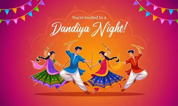 stock vector illustration of couple playing Dandiya in disco Garba Night banner poster for Navratri Dussehra festival of India