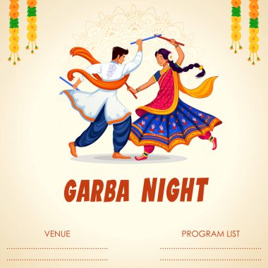 Hindistan Navratri Dussehra festivali için disko Garba Gece afiş Dandiya oynayan çift illüstrasyon