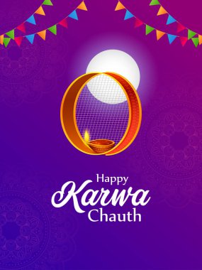 Hint Hindu festivali Mutlu Karwa Chauth 'u kutlamak için süslenmiş pooja thali resmi.