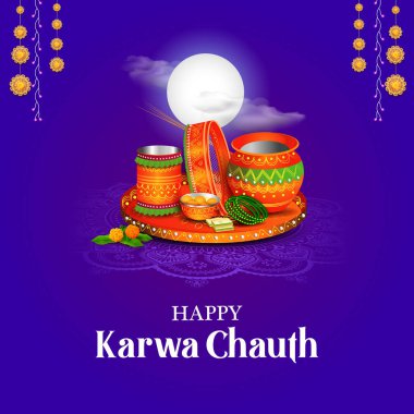 Hint Hindu festivali Mutlu Karwa Chauth 'u kutlamak için süslenmiş pooja thali resmi.