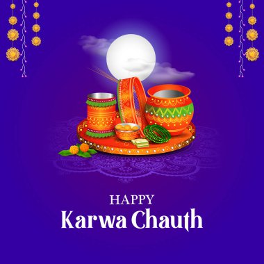 illustration of decorated pooja thali for greetings on Indian Hindu festival Happy Karwa Chauth clipart