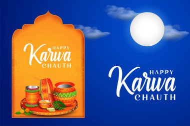 Hint Hindu festivali Mutlu Karwa Chauth 'u kutlamak için süslenmiş pooja thali resmi.