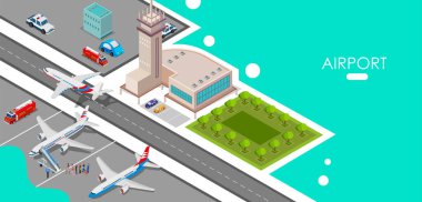 Havalimanı lobisinin Isometric planının çizimi, bagaj, varış, havacılık taşımacılığı arka planı