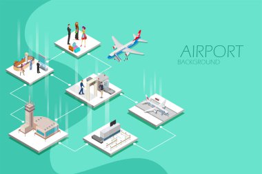 Havalimanı lobisinin Isometric planının çizimi, bagaj, varış, havacılık taşımacılığı arka planı