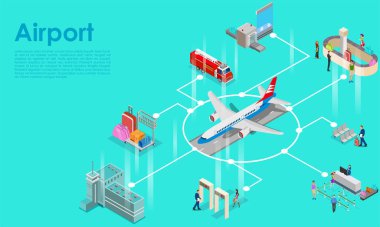 Havalimanı lobisinin Isometric planının çizimi, bagaj, varış, havacılık taşımacılığı arka planı