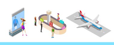Havalimanı lobisinin Isometric planının çizimi, bagaj, varış, havacılık taşımacılığı arka planı