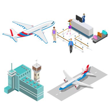 Havalimanı lobisinin Isometric planının çizimi, bagaj, varış, havacılık taşımacılığı arka planı