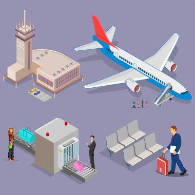 Havalimanı lobisinin Isometric planının çizimi, bagaj, varış, havacılık taşımacılığı arka planı