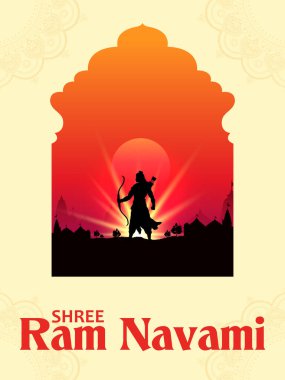 Lord Rama 'nın yay okuyla resmedilmiş hali. Bu da Shree Ram Navami' nin Hindistan dini bayramı için arka plan kutlaması anlamına geliyor.