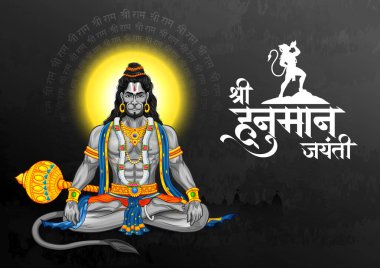 Hindistan dini bayramı için Hanuman Jayanti Janmotsav 'ın kutlama geçmişi anlamına gelen Hintçe metin ile Tanrı Hanuman' ın illüstrasyonu