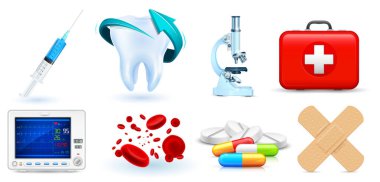 Ayrıntılı tıbbi nesne, sağlık ve sağlık hizmetleri ve konsepti koleksiyonunun çizimi