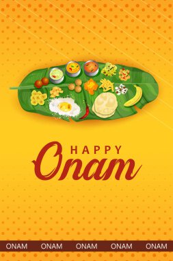 Güney Hindistan Kerala 'nın Mutlu Onam festivali için muz yaprağıyla yapılan Sadya ziyafetinin resmi.