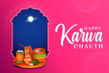 Hint Hindu festivali Mutlu Karwa Chauth 'u kutlamak için süslenmiş pooja thali resmi.