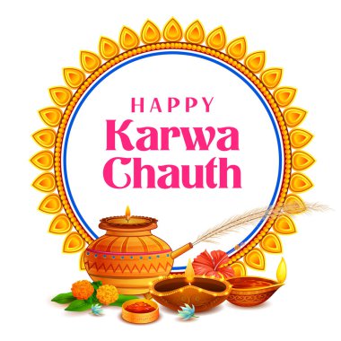 Hint Hindu festivali Mutlu Karwa Chauth 'u kutlamak için süslenmiş pooja thali resmi.