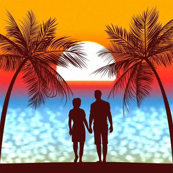 Αγόρι Και Κορίτσι Στο Ηλιοβασίλεμα Κοντά Στον Ωκεανό — Διανυσματικό Αρχείο
