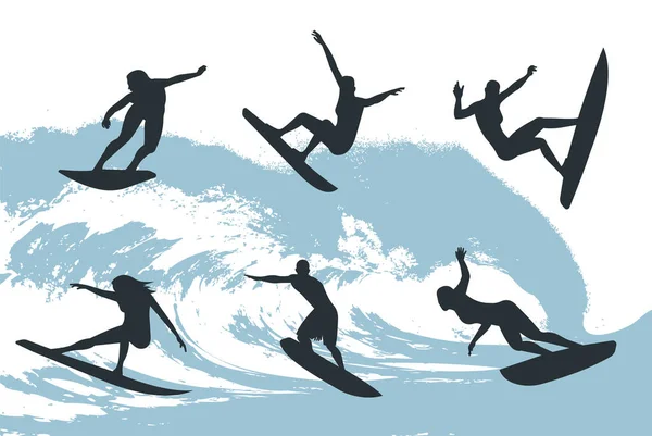 Ensemble Surfeurs Sur Fond Vague — Image vectorielle