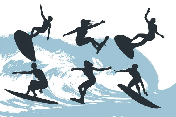 Conjunto Surfistas Fondo Ola — Vector de stock