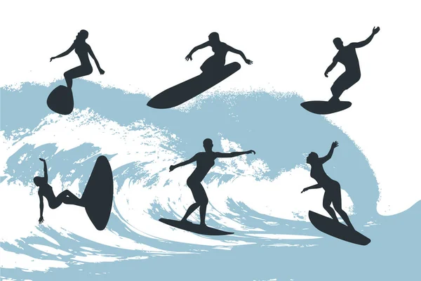 Dalganın Arka Planında Sörfçü Seti — Stok Vektör