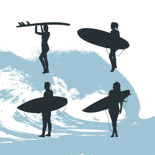 Conjunto Surfistas Fondo Ola — Archivo Imágenes Vectoriales