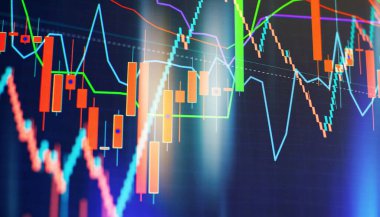 Mavi temalı ekranda şamdan çizelgesi, piyasa dengesizliği, yükseliş ve düşüş eğilimi. Hisse senedi ticareti, kripto para birimi geçmişi.