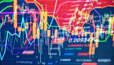 Pazar Analizi 'ni de içeren bir monitörün mali verileri. Grafikler, diyagramlar, finansal rakamlar. Eski çizelge. - Mali veri kavramı.