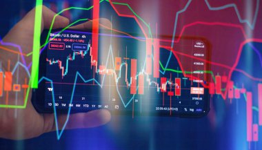 Pazar Analizi 'ni de içeren bir monitörün mali verileri. Grafikler, diyagramlar, finansal rakamlar. Eski çizelge. - Mali veri kavramı.