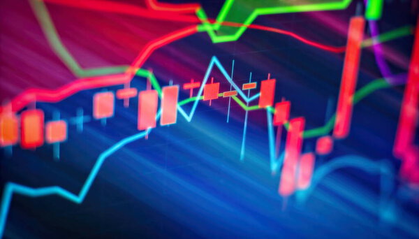 indicators including volume analysis for professional technical analysis on the monitor of a computer. Fundamental and technical analysis concept.