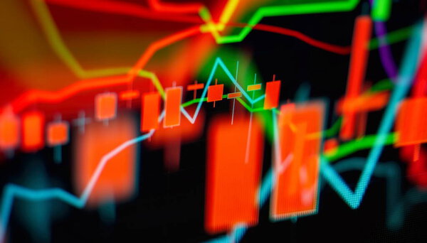 indicators including volume analysis for professional technical analysis on the monitor of a computer. Fundamental and technical analysis concept.