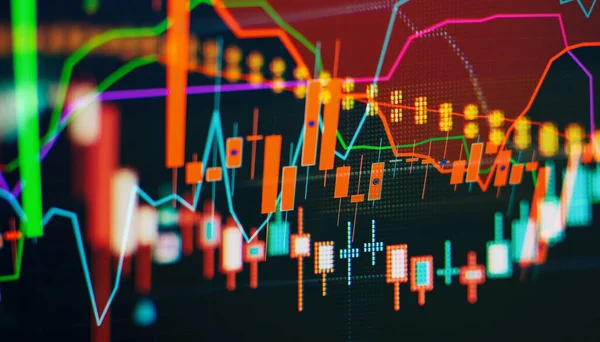 Dane Finansowe Monitorze Tym Analizy Rynku Wykresy Słupkowe Wykresy Dane — Zdjęcie stockowe