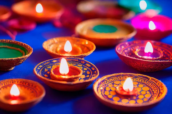 Öllampen Entzündet Auf Bunten Rangoli Während Diwali Feier Stockfoto