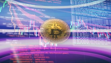 Bitcoins ve Yeni Sanal Para Konsepti, ticari grafik ve şamdan şeması finansal yatırım kavramı için uygundur.