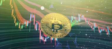 Bitcoins ve Yeni Sanal Para Konsepti, ticari grafik ve şamdan şeması finansal yatırım kavramı için uygundur.