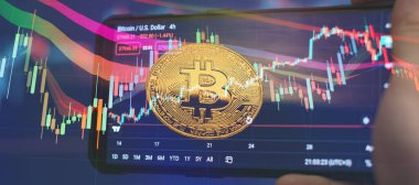 Bitcoins ve Yeni Sanal Para Konsepti, ticari grafik ve şamdan şeması finansal yatırım kavramı için uygundur.