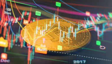 Bitcoins ve Yeni Sanal Para Konsepti, ticari grafik ve şamdan şeması finansal yatırım kavramı için uygundur.