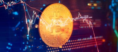 Blockchain technology bitcoin mining concept. Bitcoin golden coin on computer circuit board. banner copy space
