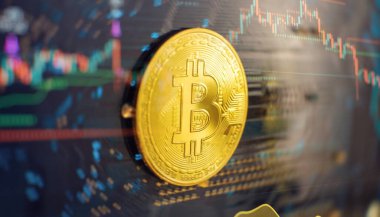 Blockchain technology bitcoin mining concept. Bitcoin golden coin on computer circuit board. banner copy space