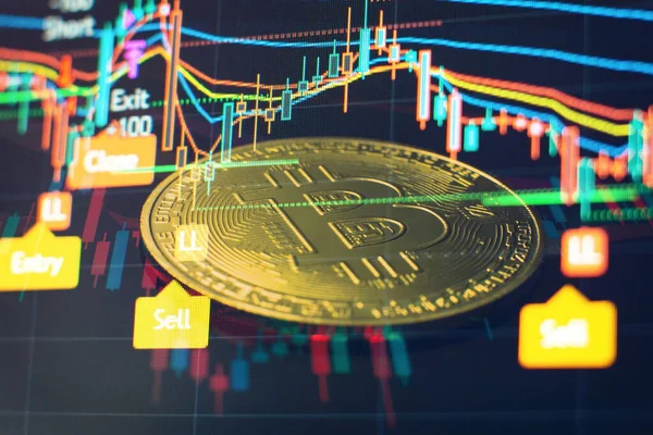 Bitcoins Och Nya Virtuella Pengar Koncept Handel Diagram Och Ljusstake — Stockfoto