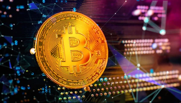Криптовалюта Bitcoin Нова Версія Фоні Комп Ютерної Електронної Плати Віртуальні — стокове фото
