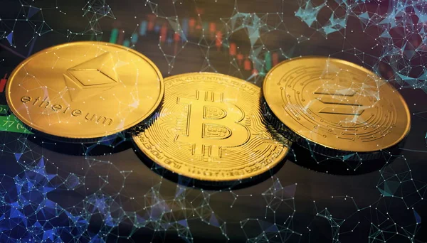 Bitcoins Novo Conceito Dinheiro Virtual Bitcoins Ouro Com Gráfico Vara — Fotografia de Stock