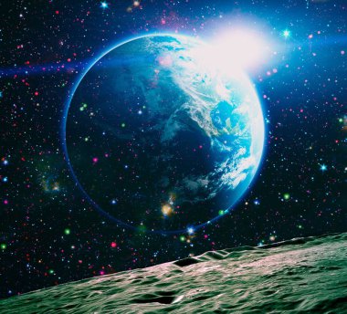 Kaotik uzay arka planı. Uzay keşiflerinin güzelliğini gösteren gezegenler, yıldızlar ve galaksiler. Bu görüntünün elementleri NASA tarafından sağlanmıştır..