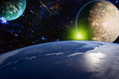 Kaotik uzay arka planı. Uzay keşiflerinin güzelliğini gösteren gezegenler, yıldızlar ve galaksiler. Bu görüntünün elementleri NASA tarafından sağlanmıştır..