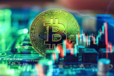 Bitcoin cryptocurrency new version on computer electronic circuit board background . Virtual cryptocurrency money Bitcoin golden